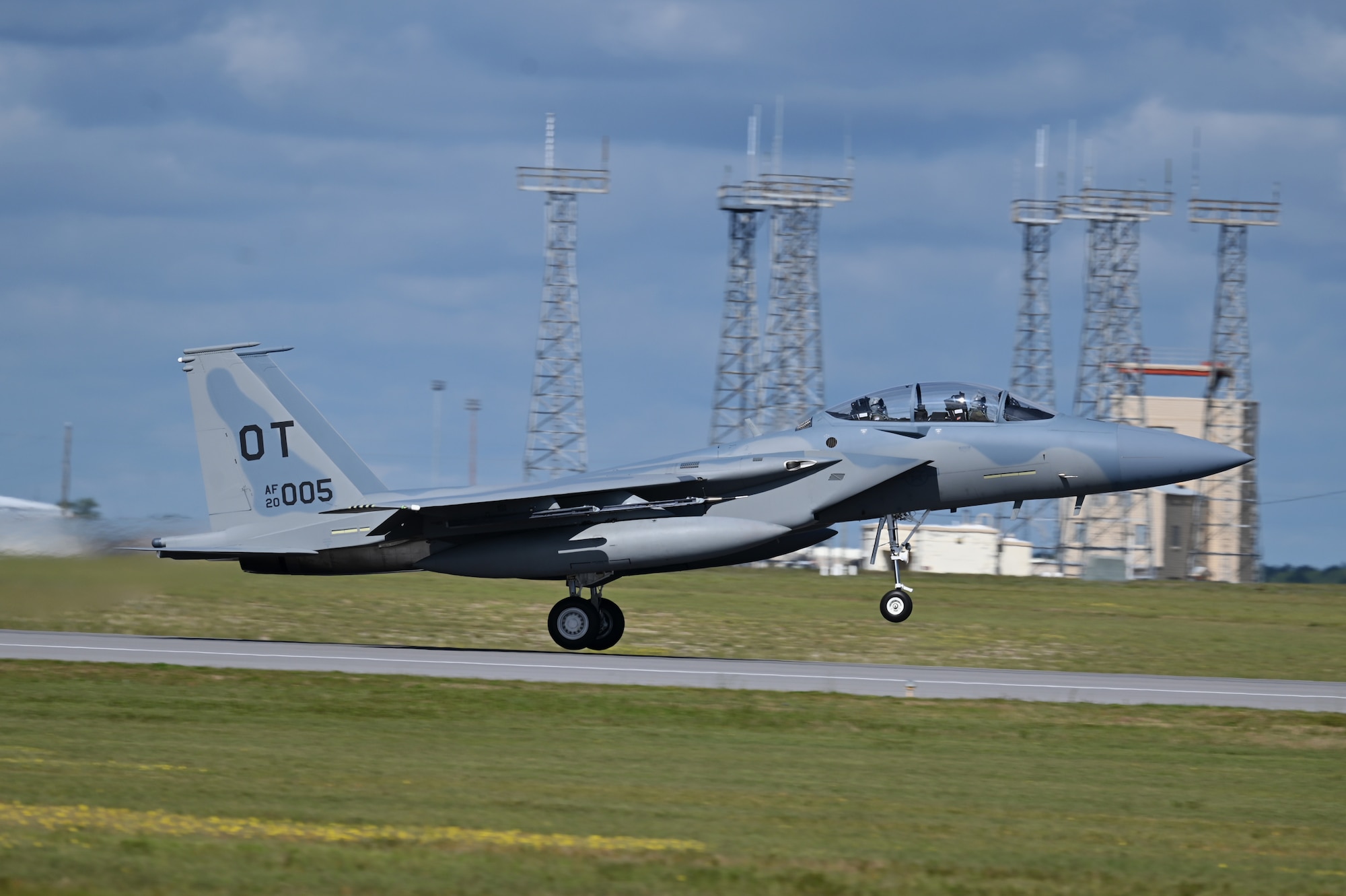 An F-15EX Eagle II from the 85th Test and Evaluation Squadron, 53rd Wing, takes flight out of Eglin Air Force Base, Florida, April 11, 2024, with U.S. Air Force Chief Master Sgt. David Wolfe, command chief of Air Combat Command, and Maj. Scott Addy, 85th Test and Evaluation Squadron, F-15 division chief. The F-15EX is the first Air Force aircraft to be tested and fielded from beginning to end, through combined developmental and operational tests. (U.S. Air Force photo by Capt. Lindsey Brewer)