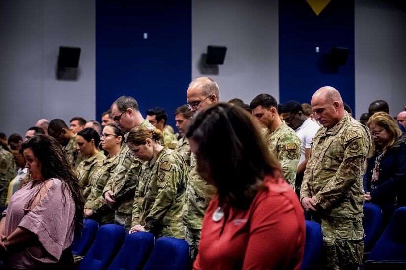 Personnel assigned to the 87th Air Base Wing attend an All Call at Joint Base McGuire-Dix-Lakehurst, N.J. on April 10, 2024. During the All Call, Joint Base personnel were initiated into the Warrior Connect program, briefed on a new virtual volunteer system, and shared a moment of silence for Senior Airman Roger Fortson.