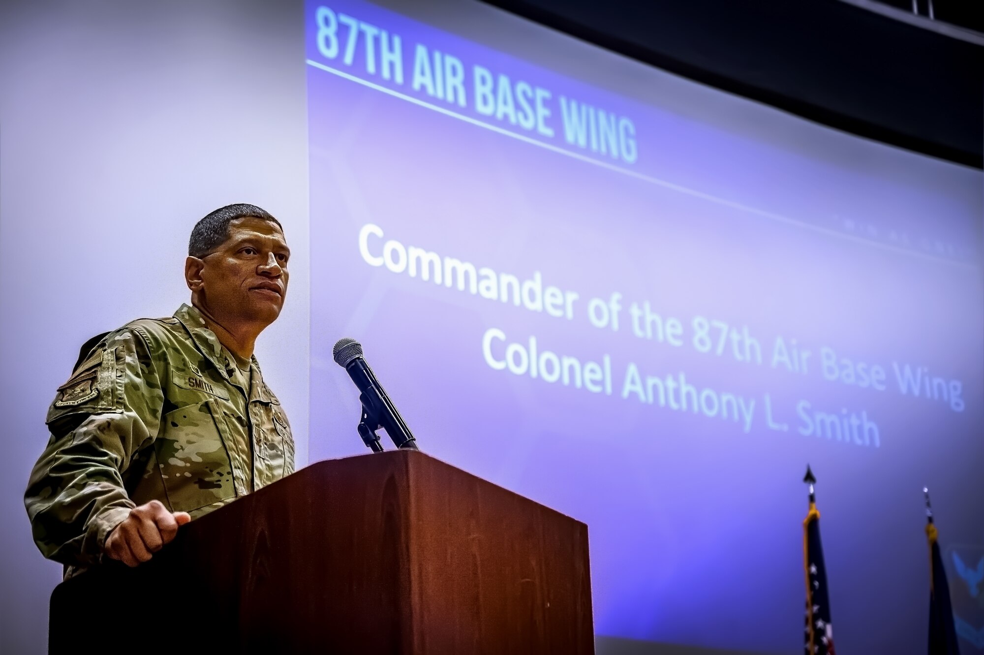 Col. Anthony Smith, Joint Base McGuire-Dix-Lakehurst installation commander and 87th Air Base Wing commander, provides remarks during an All Call at Joint Base McGuire-Dix-Lakehurst, N.J. on April 10, 2024. During the All Call, Joint Base personnel were initiated into the Warrior Connect program, briefed on a new virtual volunteer system, and shared a moment of silence for Senior Airman Roger Fortson.