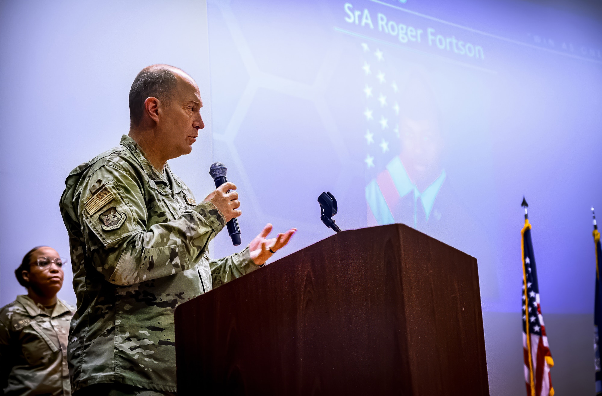 Col. Jonathan Hurt, 87th Air Base Wing senior chaplain provides remarks during an All Call at Joint Base McGuire-Dix-Lakehurst, N.J. on April 10, 2024. During the All Call, Joint Base personnel were initiated into the Warrior Connect program, briefed on a new virtual volunteer system, and shared a moment of silence for Senior Airman Roger Fortson.