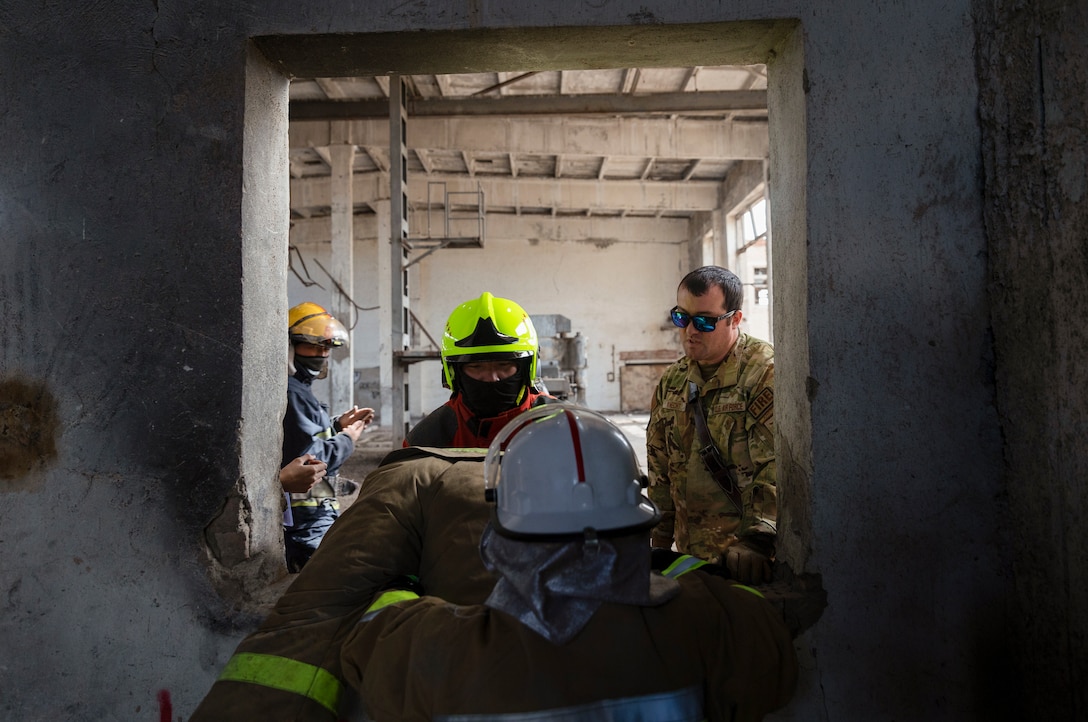 Alaska Air National Guard Master Sgt. Michael Knecht, an assistant chief with the 176th Wing’s Fire Emergency Services, shares best practices in search and rescue and firefighting during Gobi Wolf 2024’s Field Training Exercise in Choibalsan, Mongolia.