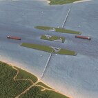 This rendering illustrates what the proposed Galveston Bay Storm Surge Barrier System, which includes the Bolivar Roads Gate System, could look like. The system integrates structural and non-structural coastal storm risk management features to improve the resiliency of coastal communities and the shoreline.
