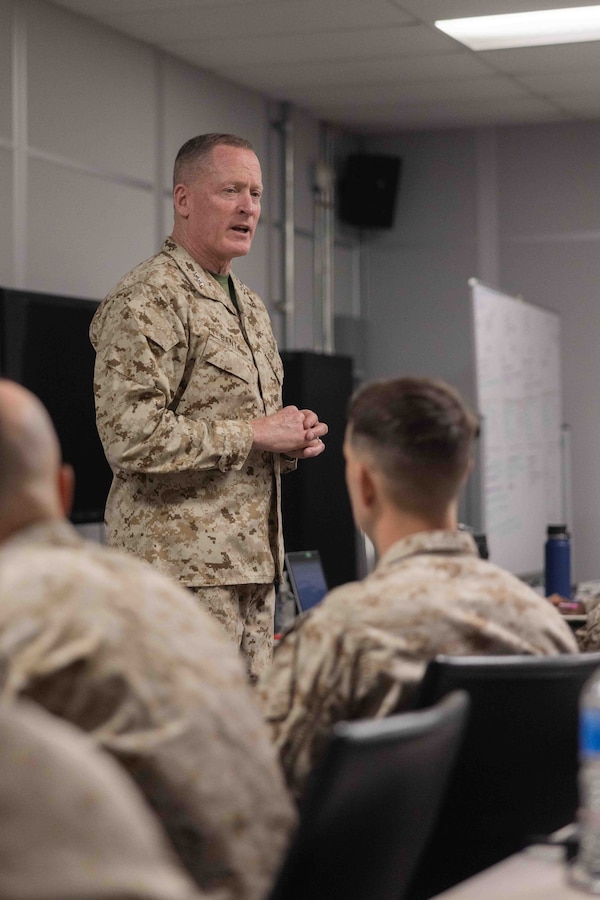 U.S. Marine Corps Lt. Gen. Edward D. Banta, a West Hartford, Connecticut native, Deputy Commandant of Installations and Logistics, Headquarters Marine Corps, speaks to Advanced Expeditionary Logistics Operation Course 2-24 students during an update brief at Marine Corps Air-Ground Combat Center, Twentynine Palms, California, May 16, 2024. AXLOC is a four-week course hosted by Marine Corps Logistics Operations Group, designed to develop critical thinking and adaptable expeditionary logistics instructors, who will plan, direct, and conduct integrated tactical level logistics in a littoral contested environment. (U.S. Marine Corps photo by Lance Cpl. Iris Gantt)