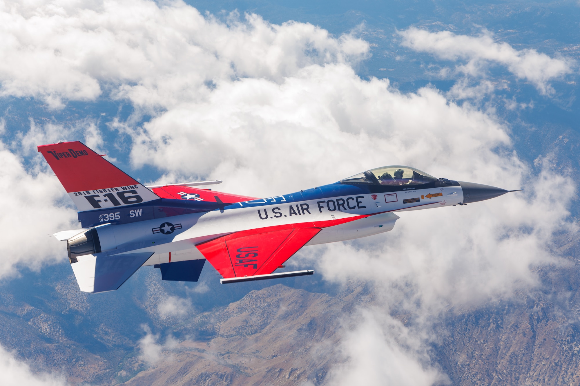 The F-16 Viper Demonstration Team jet flies in the skies over Southern California, May 13. The 412th Maintenance Group, Fabrication Flight - Corrosion Control Team recently repainted the F-16 Viper Demo Team aircraft in the classic YF-16 livery to commemorate the platform's first flight 50 years ago at Edwards Air Force Base, California. (Air Force photo by Christian Turner)