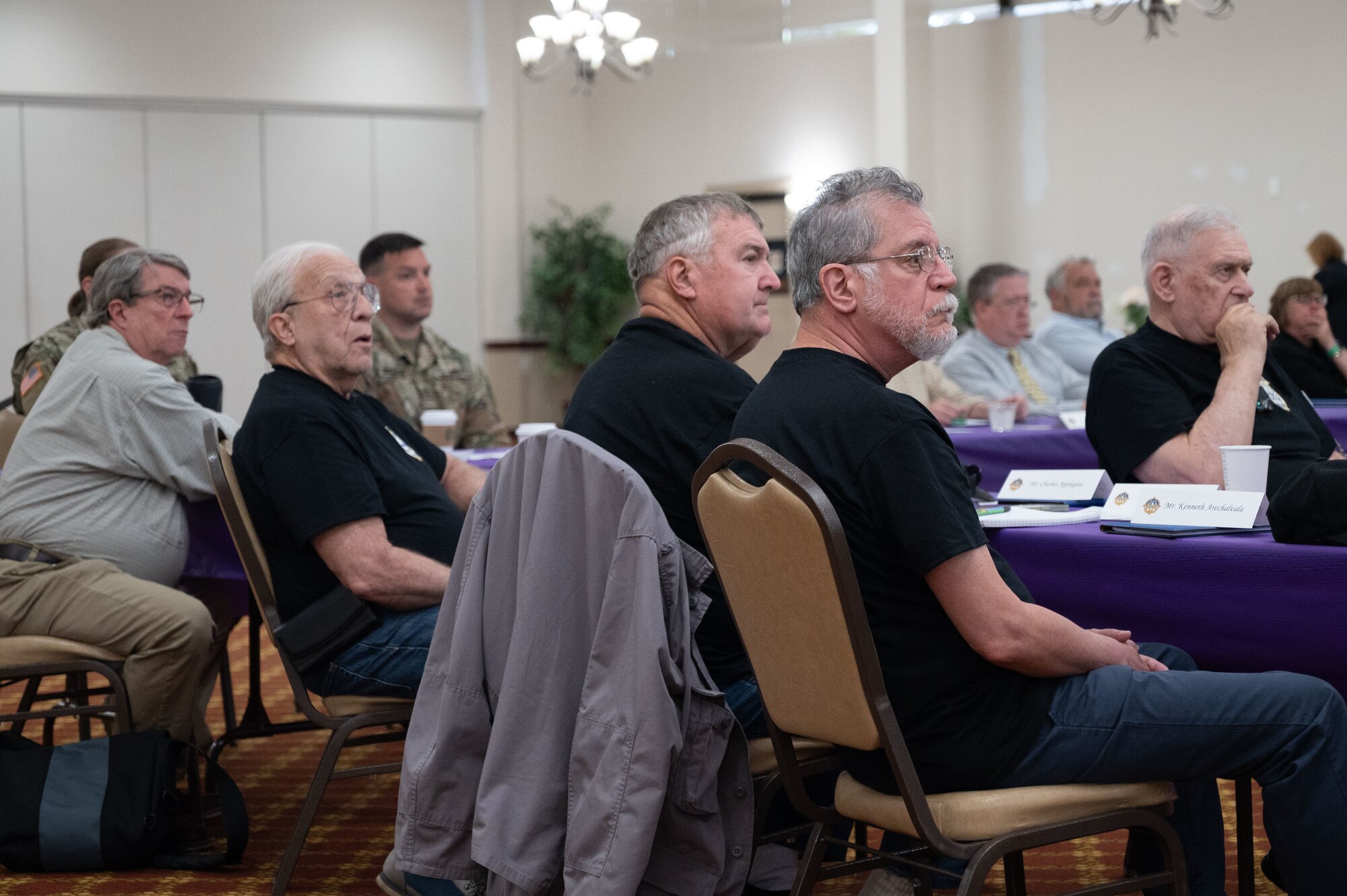 Attendees at the first ever Joint Base Heritage Conference listen to a lecture at Joint Base McGuire-Dix-Lakehurst, N.J., May 14, 2024. Historical organizations from neighboring counties came together to establish a professional network and to share historical information pertaining to JB MDL and its surrounding community. (U.S. Air Force photo by Susan Moriarty)