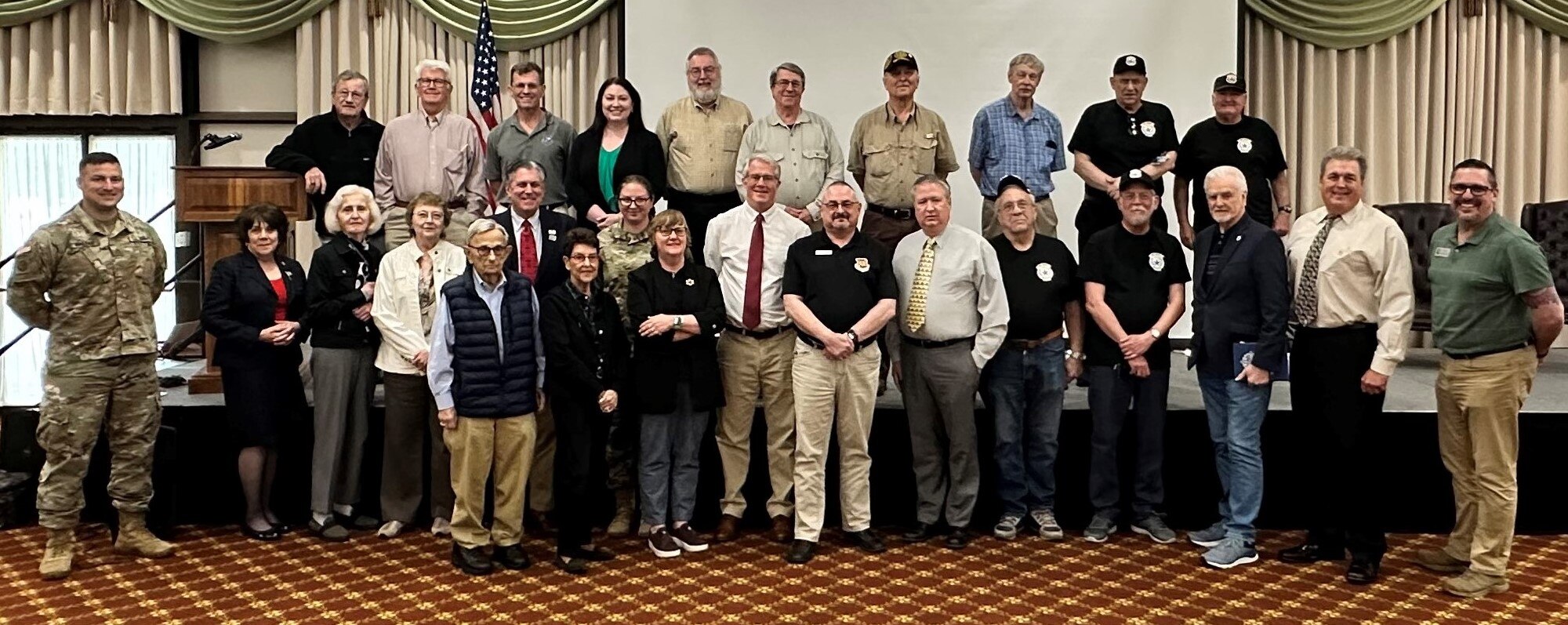 Attendees at the first ever Joint Base Heritage Conference pose for a photo at Joint Base McGuire-Dix-Lakehurst, N.J., May 14, 2024. Historical organizations from neighboring counties came together to establish a professional network and to share historical information pertaining to JB MDL and its surrounding community. (Courtesy photo)