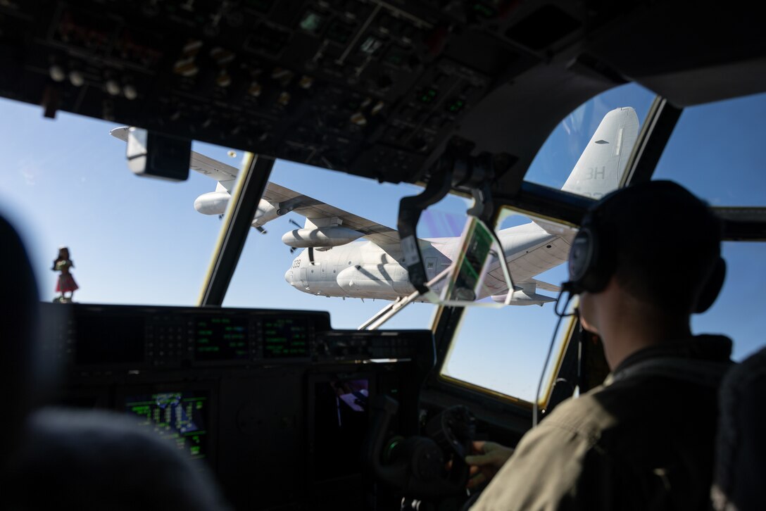 U.S. Marines with Marine Aerial Refueler Transport Squadron (VMGR) 153, Marine Aircraft Group 24, 1st Marine Aircraft Wing, conduct a section flight as part of their deployment for training (DFT) at Davis-Monthan Air Force Base, Tucson, Arizona, May 12, 2024. The DFT provides VMGR-153 pilots and aircrew unit level training that enhances combat readiness, aircrew progression, joint operational capabilities and continues progress toward full operational capability. (U.S. Marine Corps photo by Lance Cpl. Clayton Baker)
