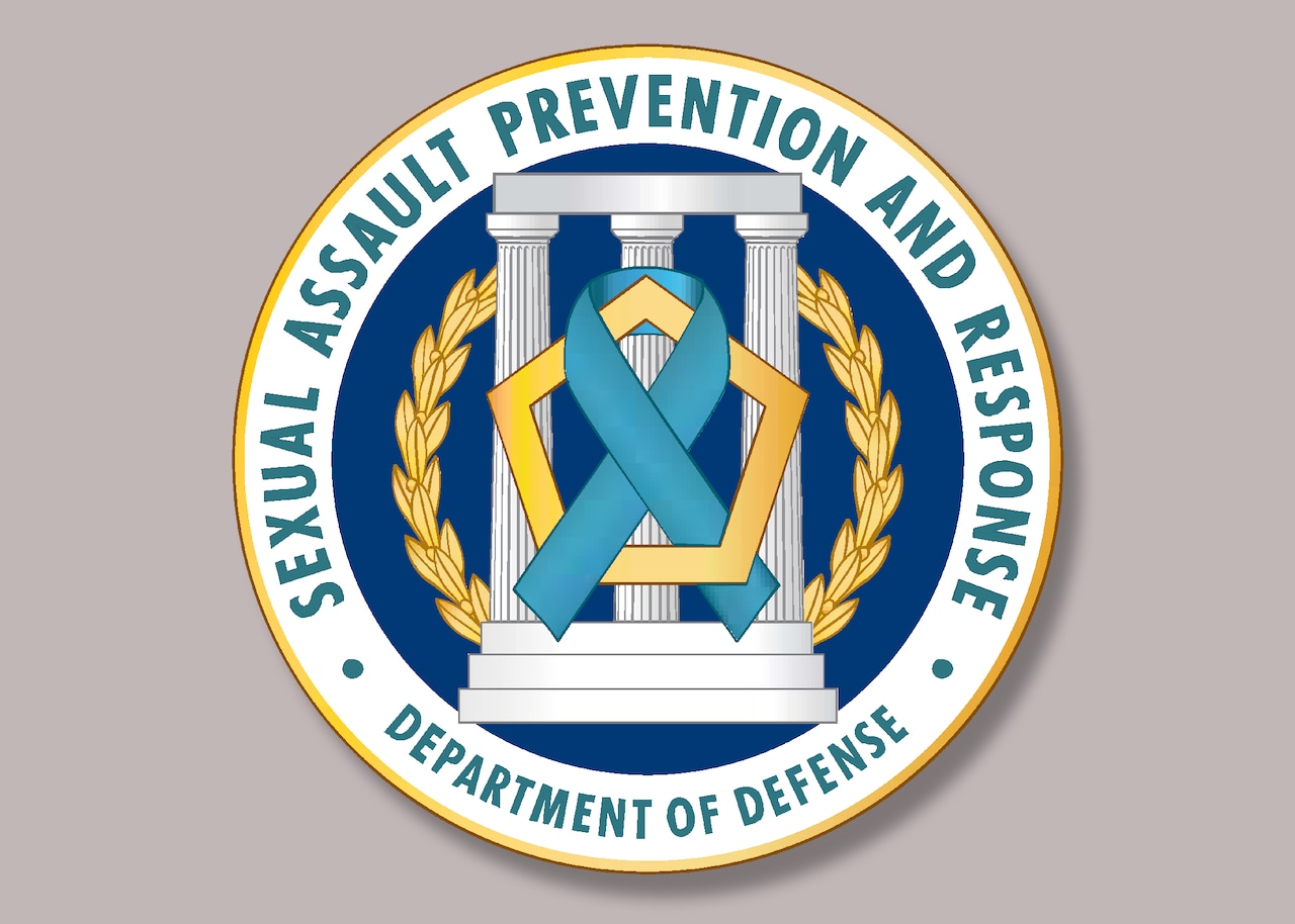 A logo with the words "Sexual Assault Prevention and Response" features a Pentagon, a blue ribbon and pillars.