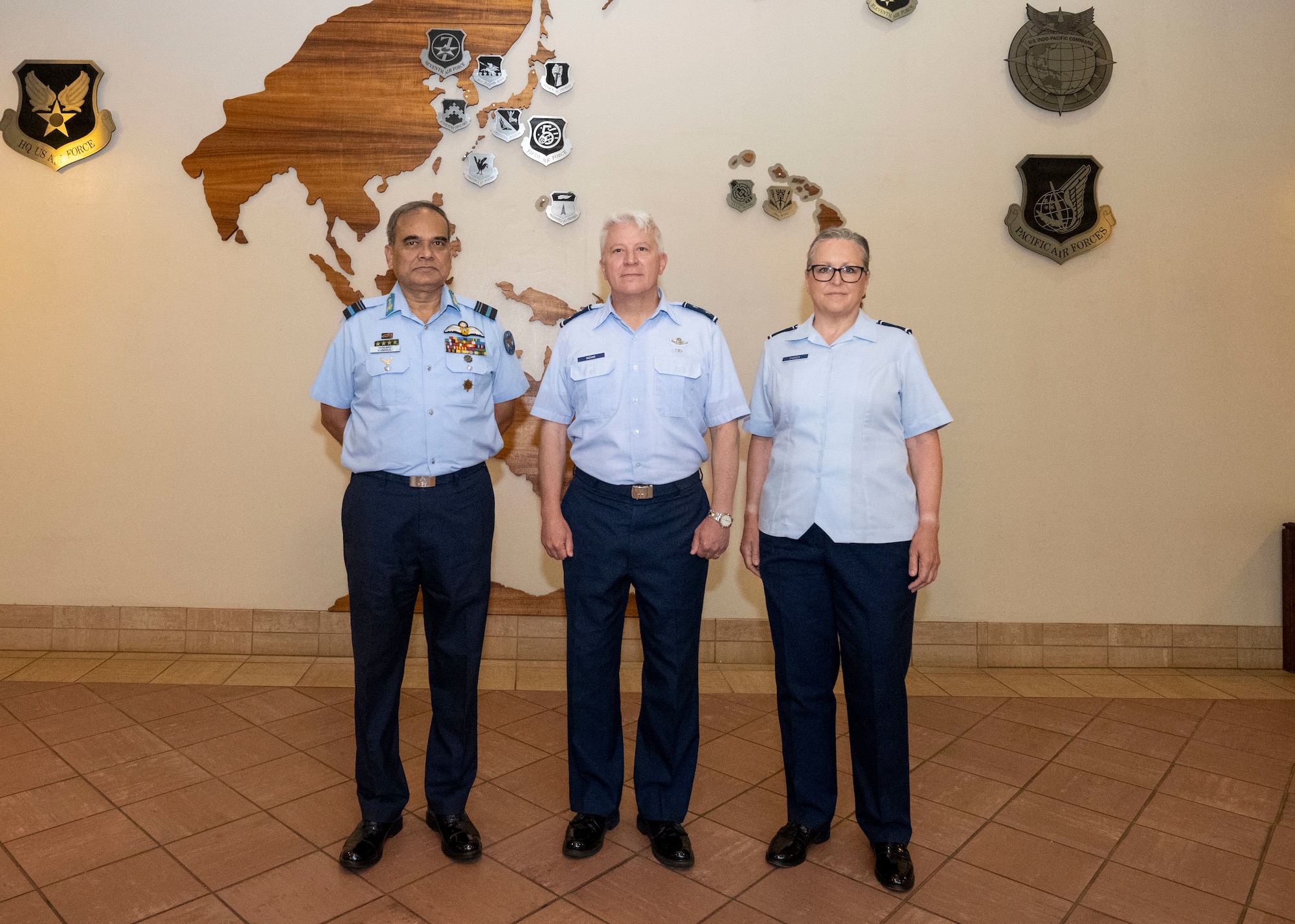Group photo of Bangladesh Air Force Air Vice Marshal and two U.S. Air Force general officers