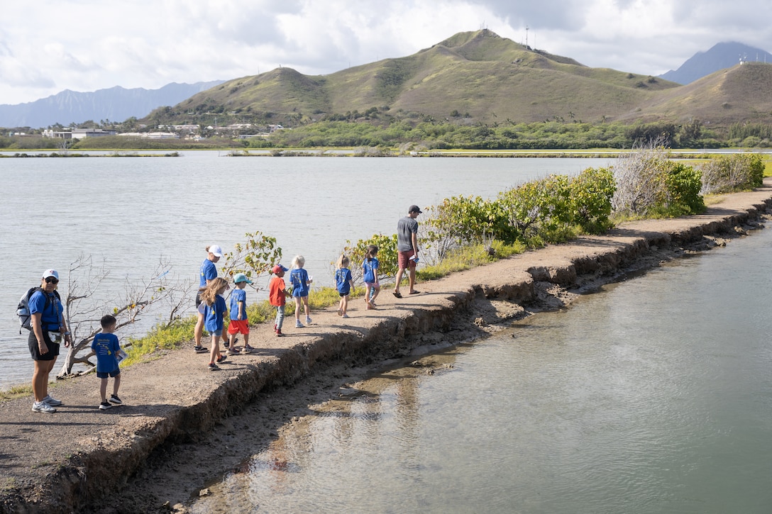 Students of Mokapu Elementary School search for different animal species during their field trip to the Nu’upia Ponds Wildlife Management Area, Marine Corps Base Hawaii, April 15, 2024. The purpose of the field trip was to educate students on the importance of stewardship over the Mokapu Peninsula and instill a sense of responsibility towards preserving the local environment. (U.S. Marine Corps photo by Lance Cpl. Clayton Baker)