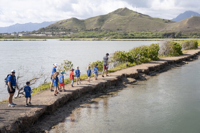 Students of Mokapu Elementary School search for different animal species during their field trip to the Nu’upia Ponds Wildlife Management Area, Marine Corps Base Hawaii, April 15, 2024. The purpose of the field trip was to educate students on the importance of stewardship over the Mokapu Peninsula and instill a sense of responsibility towards preserving the local environment. (U.S. Marine Corps photo by Lance Cpl. Clayton Baker)