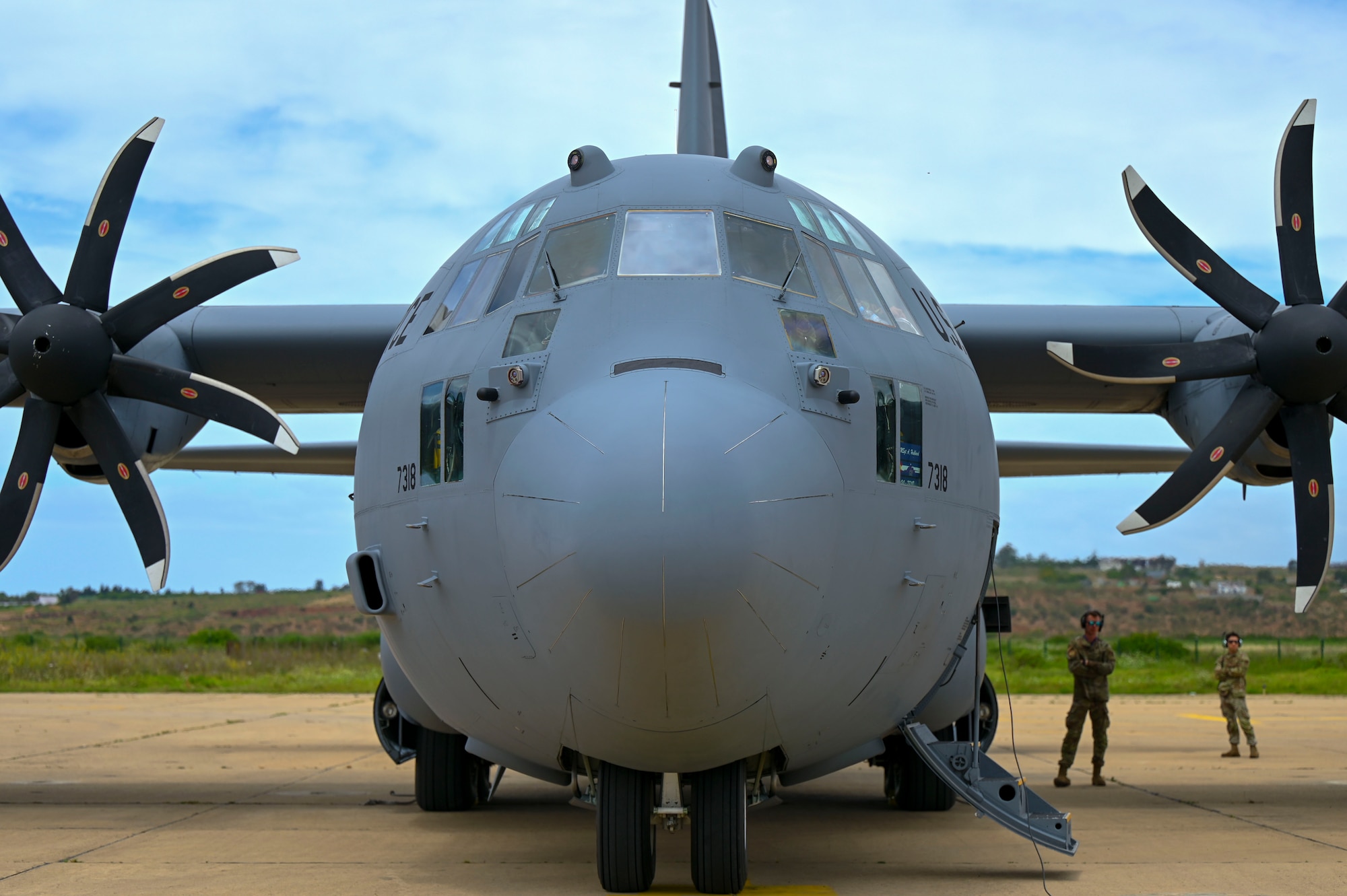 A U.S. Air Force C-130H3 Hercules assigned to Peterson Space Force Base, sits on the flight line during exercise African Lion 24 at Kenitra Air Base, Morocco, May 19, 2024.  While military personnel from both the United States and Morocco are participating in this exercise, more than 8,000 multinational service members from 27 countries will also participate. (U.S. Air Force photo by Senior Airman Jenna A. Bond)