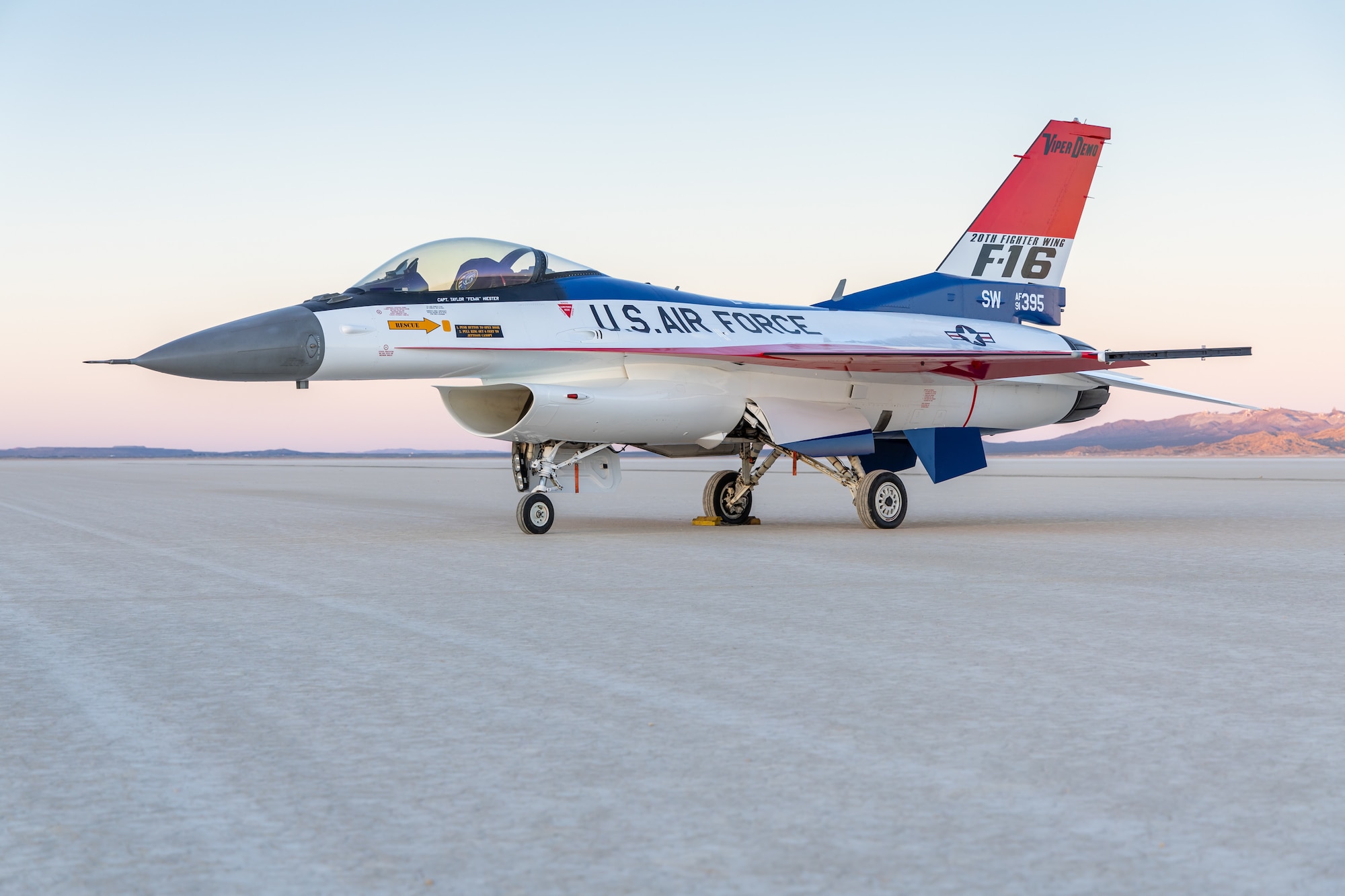 The 412th Maintenance Group, Fabrication Flight - Corrosion Control Team recently repainted the F-16 Viper Demo Team aircraft in the classic YF-16 livery to commemorate the platform's first flight 50 years ago at Edwards Air Force Base, California. (Air Force photo by James West)