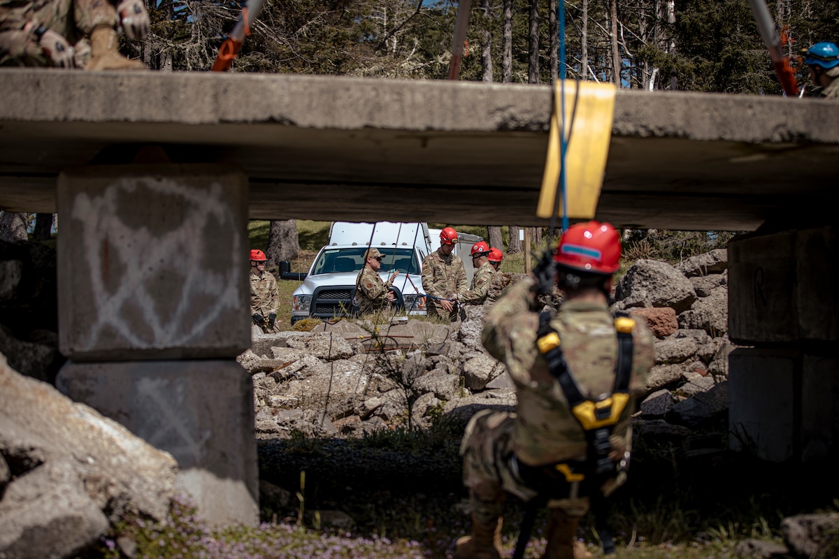 Airmen attached to the only all-Air Force Search and Extraction team learn about rope rescue during the 10th Homeland Response Force Sustainment Year Collective Training Exercise at Camp Rilea, Oregon, April 24, 2024.