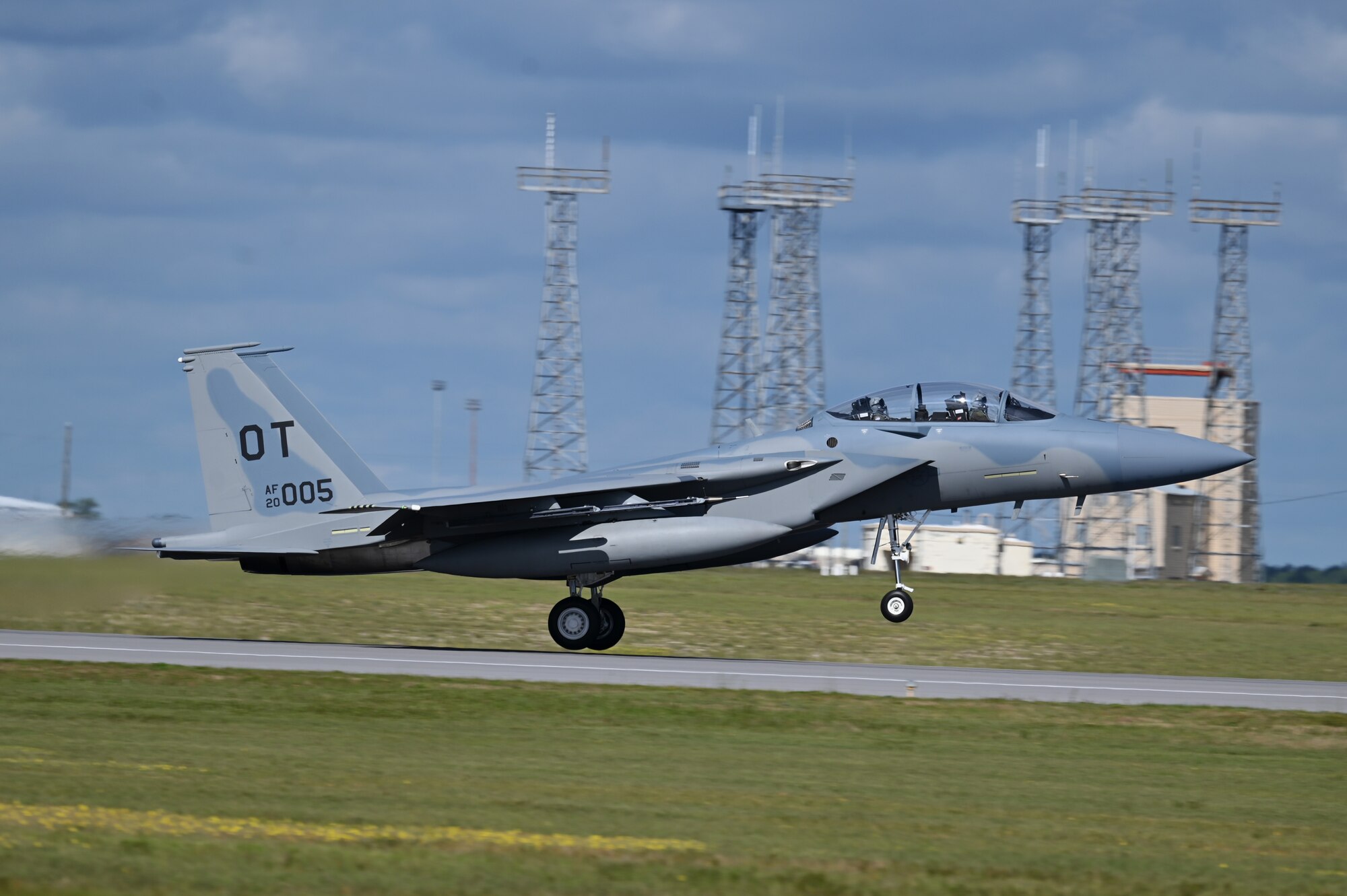 An F-15EX Eagle II from the 85th Test and Evaluation Squadron, 53rd Wing, takes flight out of Eglin Air Force Base, Florida, April 11, 2024, with U.S. Air Force Chief Master Sgt. David Wolfe, command chief of Air Combat Command, and Maj. Scott Addy, 85th Test and Evaluation Squadron, F-15 division chief. The F-15EX is the first Air Force aircraft to be tested and fielded from beginning to end, through combined developmental and operational tests. (U.S. Air Force photo by Capt. Lindsey Brewer)