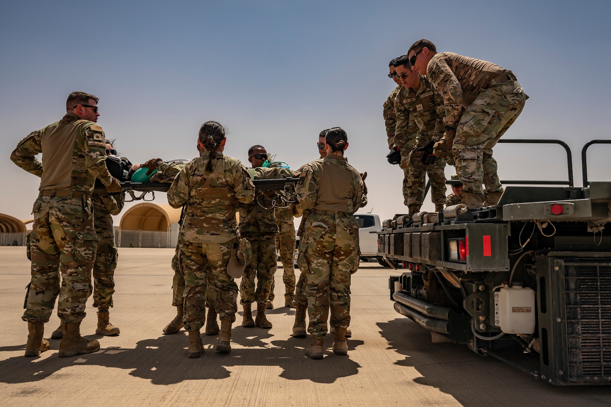 U.S. Air Force 378th Expeditionary Medical Squadron participates in an aeromedical evacuation exercise at an undisclosed location within the U.S. Central Command area of responsibility, May 19, 2024. The U.S. Air Force regularly tests and evaluates the readiness of strategic assets to ensure our deterrence commitments are strong and credible. (U.S. Air Force photo)