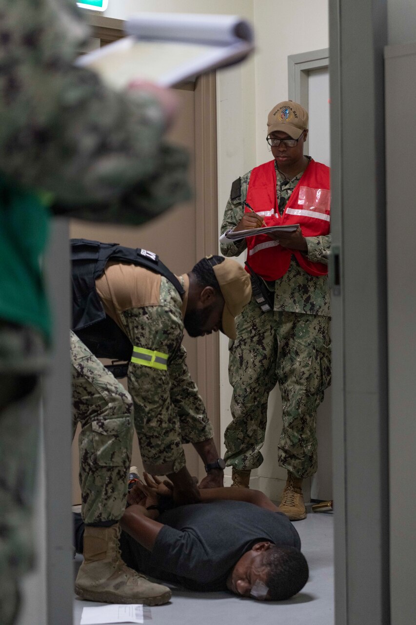 Sailors assigned to Naval Support Activity Souda Bay, Greece, simulate an active shooter scenario during a Region Training Assist Visit (RTAV) onboard NSA Souda Bay on May 21, 2024.