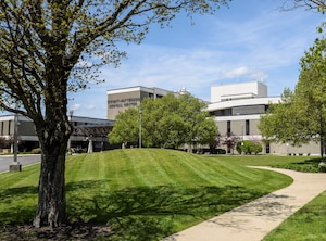 Exterior of the Wright-Patterson Medical Center building in the spring.