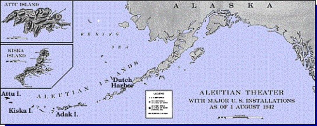 Map of Aleutians Theater with major U.S. Installations as of 1 August 1942, Naval History and Heritage Command Image.