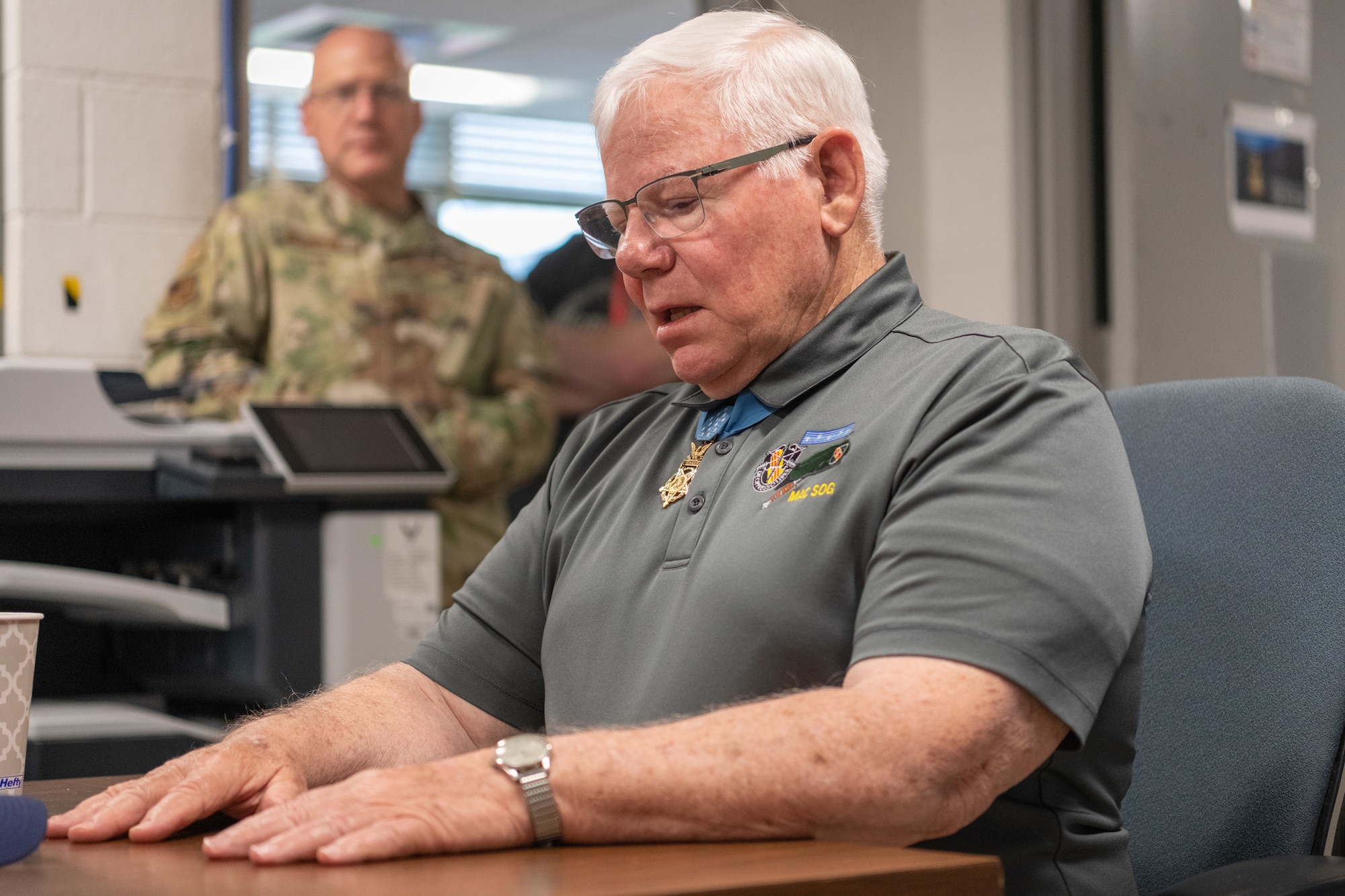 Medal of Honor recipient Gary “Mike” Rose speaks to members of the instrumentation technician and condition-based maintenance craft groups at Arnold Air Force Base, Tenn., during his May 15, 2024, visit to Arnold. Rose recounted his experiences during the Vietnam War and expressed his appreciation to craft crews and others whose work supports warfighters. (U.S. Air Force photo by Keith Thornburgh)