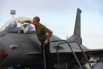 U.S. Air Force Senior Airman Matthew Salazar, a crew chief with the 169th Aircraft Maintenance Squadron, South Carolina Air National Guard, washes the canopy on an F-16 Fighting Falcon fighter jet during exercise Sentry Savannah hosted by the Air Dominance Center in Savannah, Georgia, May 9, 2024. Sentry Savannah is the Air National Guard’s premier 4th- and 5th-gen fighter integration exercise, with this year’s event involving more than 775 participants and 40 aircraft from six units.