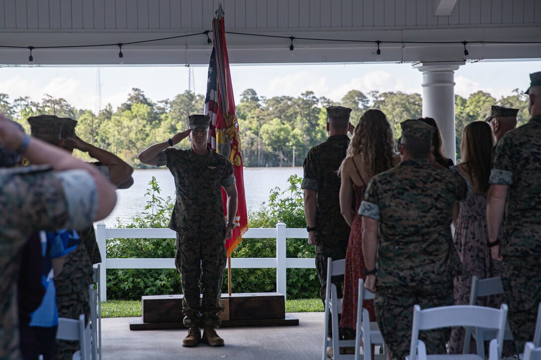 U.S. Marine Corps Brig. Gen. Samuel L. Meyer, the commanding general of 2d Marine Expeditionary Brigade (2d MEB), received honors from Marines, Sailors, and family members with 2d MEB and II Marine Expeditionary Force (II MEF) during the 2d MEB change of command ceremony at Marine Corps Base Camp Lejeune, North Carolina, May 16, 2024. The role of 2d MEB’s commanding general is to provide a scalable, standing, joint-capable, deployment-ready headquarters element to support II MEF operations abroad. (U.S. Marine Corps photo by Cpl. Noah Seal)