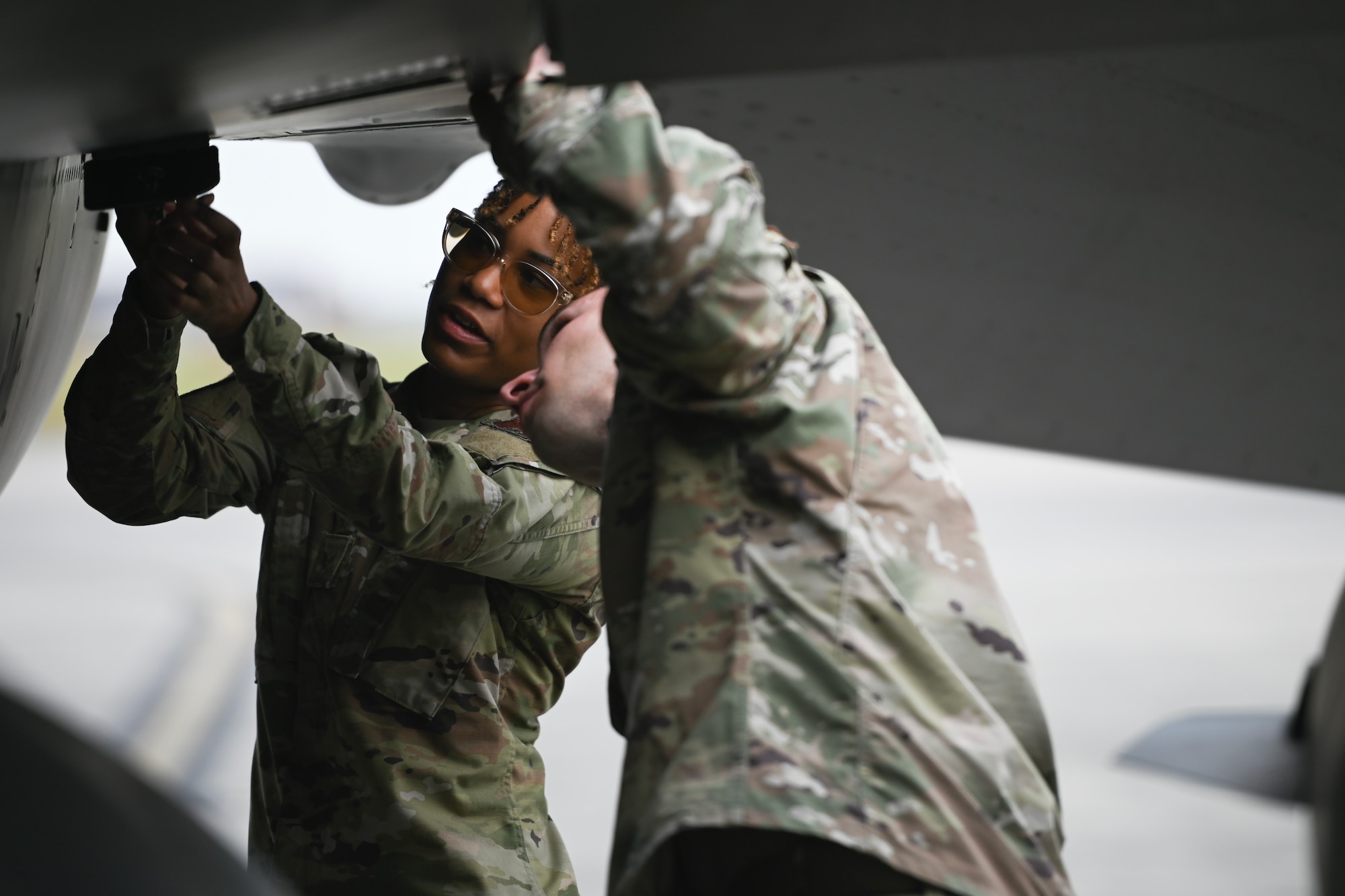 U.S. Air Force Senior Airman Taneifa Evans, a crew chief with the 169th Aircraft Maintenance Squadron, South Carolina Air National Guard, and Master Sgt. Steven Welling, first sergeant with the169th Aircraft Maintenance Squadron, conduct preflight checks during exercise Sentry Savannah hosted by the Air Dominance Center in Savannah, Georgia, May 9, 2024.