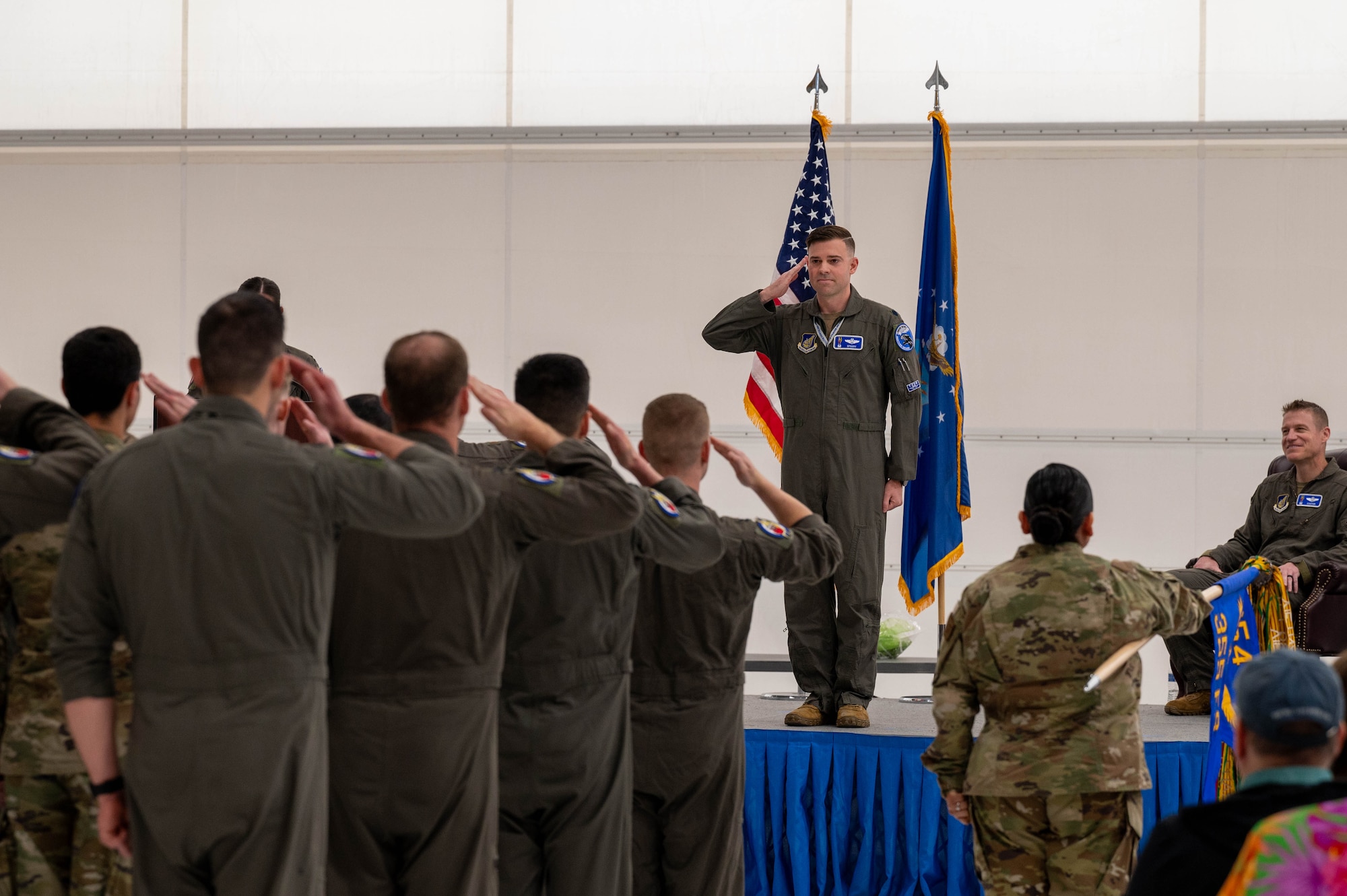 U.S. Air Force Lt. Col. Erik Gonsalves, 355th Fighter Squadron incoming commander, renders an initial salute after assuming command at Eielson Air Force Base, Alaska, May 17, 2024.