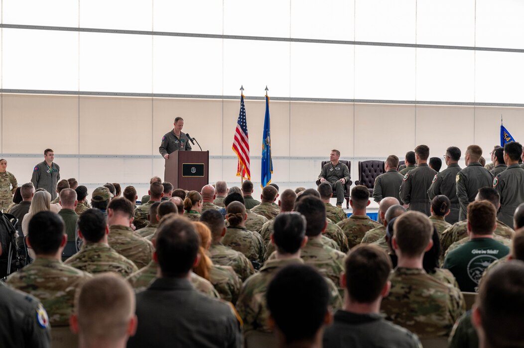 U.S. Air Force Lt. Col. Ryan Worrell, 356th Fighter Squadron outgoing commander, speaks to the crowd during a change of command ceremony at Eielson Air Force Base, Alaska, May 17,