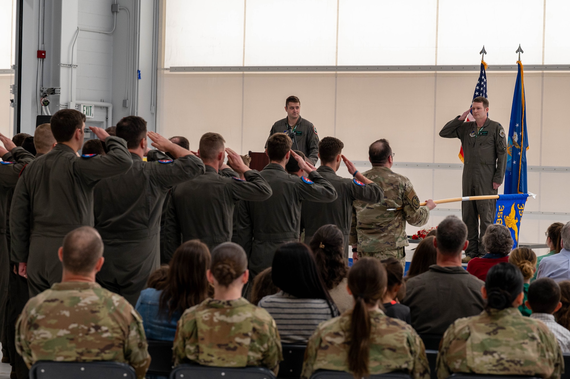 U.S. Air Force Lt. Col. Joseph Curran, 356th Fighter Squadron incoming commander, renders an initial salute during a change of command ceremony at Eielson Air Force Base, Alaska, May 17, 2024.