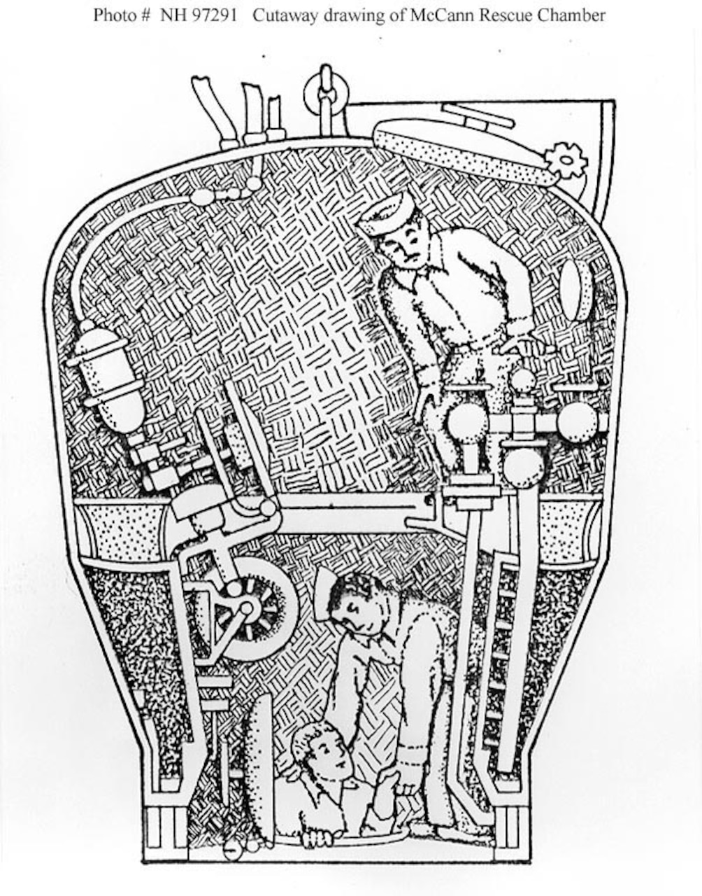 An illustration shows a bell-shaped device with an opening at its top and bottom. Two men inside the bell work to pull a third man from the bottom opening while the top remains shut.