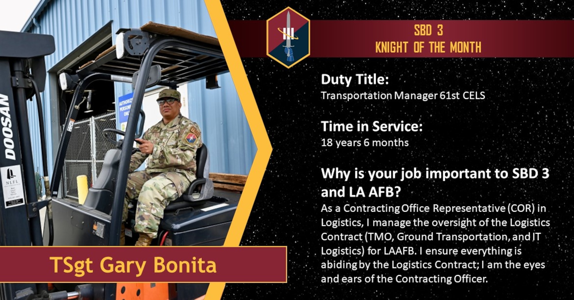 Tech Sgt. Gary Bonita of the 61st CELS Squadron sits on a forklift posing for a photo.
