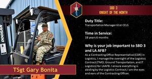 Tech Sgt. Gary Bonita of the 61st CELS Squadron sits on a forklift posing for a photo.