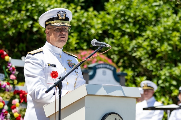 SHIMODA, Japan (May 18, 2024) Rear Adm. Carl Lahti, Rear Adm. Carl Lahti, Commander, U.S. Naval Forces Japan/Commander, Navy Region Japan, gives a speech during the opening ceremony of the 85th Black Ship Festival at Shimoda Park in Shimoda, Japan, May 18. The Black Ship Festival commemorates the 171st anniversary of the arrival of Commodore Matthew Perry in Japan in 1853, a historical event that marked the beginning of diplomacy and trade agreements between the U.S. and Japan. Higgins is forward deployed and assigned to Destroyer Squadron (DESRON) 15, the Navy’s largest DESRON and the U.S. 7th fleet’s principal surface force. (U.S. Navy photo by Mass Communication Specialist 1st Class Hannah Fry)