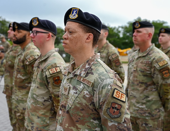 17th Security Forces Squadron Defenders stand in formation during National Police Week opening ceremony at the Norma Brown building, Goodfellow Air Force Base, Texas, May 13, 2024. Defenders kicked off the week by honoring past and present members of law enforcement with an opening ceremony in front of the Norma Brown building. (U.S. Air Force photo by Airman 1st Class Evelyn J. D’Errico)