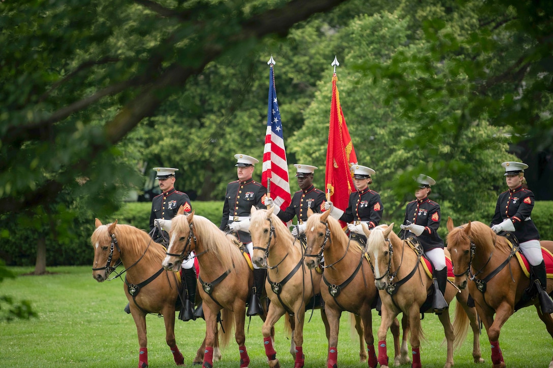 Marines holding flags and wearing ceremonial uniforms ride horses in formation surrounded by greenery.