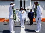U.S. Coast Guard Capt. Tyson Scofield (left) and U.S. Coast Guard Capt. Robert Mohr (right) salute each another during the Coast Guard Cutter Waesche’s (WMSL 751) change of command ceremony aboard the cutter while moored at Base Honolulu, May 20, 2024. The change of command ceremony is a time-honored tradition representing the formal transfer of authority, responsibility, and accountability for a unit from one commanding officer to another. (U.S. Coast Guard photo by Petty Officer 3rd Class Jennifer Nilson)