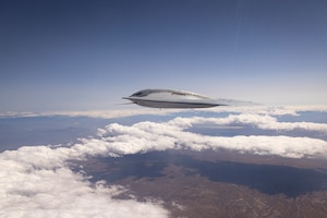 A B-21 Raider conducts flight testing, which includes ground testing, taxiing, and flying operations, at Edwards Air Force Base, California. The B-21 will be interoperate with our allies and partners to deliver on our enduring commitment to provide flexible strike options for coalition operations that defend us against common threats. (Courtesy photo)