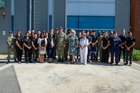 FREMANTLE, Western Australia (March 13, 2024) – U.S. Navy Sailors assigned to the Los Angeles-class fast-attack submarine USS Annapolis (SSN 760) pose for a group photo with Maria Rennie, front row 6th from left, Consul General of the UK Consulate General, Royal Australian Navy Capt. Angela Bond, front row 9th from left, Defense Lead, Defense Industry Pathways Program, Royal Navy sailors, and students and staff of South Metropolitan TAFE, Fremantle Campus, in Fremantle, Western Australia, March 13, 2024. The nuclear-powered, conventionally-armed submarine is in HMAS Stirling for the second visit by a fast-attack submarine to Australia since the announcement of the AUKUS (Australia, United Kingdom, United States) Optimal Pathway in March 2023. (U.S. Navy photo by Mass Communication Specialist 2nd Class Kaitlyn E. Eads)
