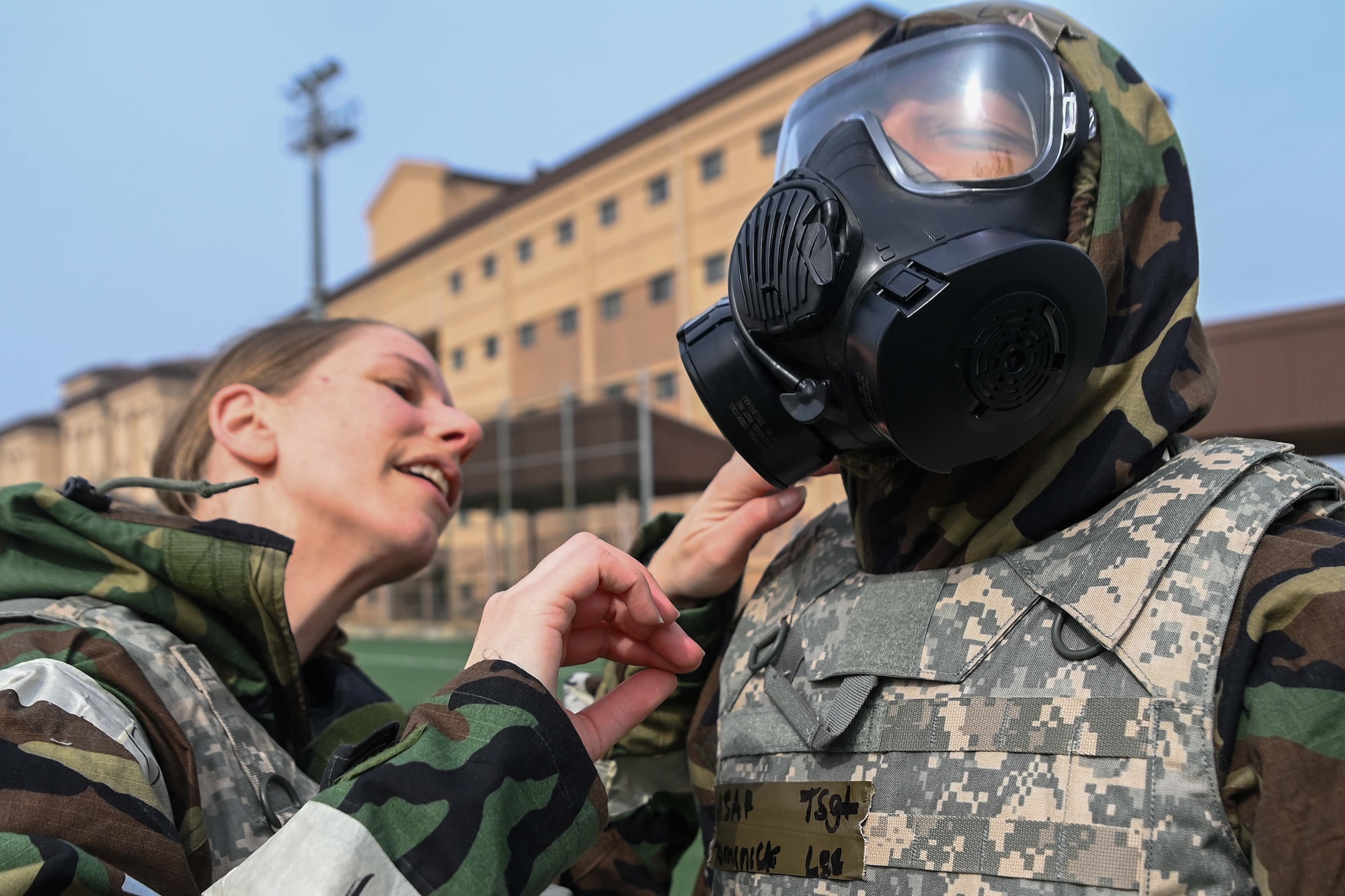 694th Intelligence, Surveillance and Reconnaissance Group Airmen don Mission Oriented Protective Posture gear during an Ability to Survive and Operate rodeo at Osan Air Base, Republic of Korea, April 26, 2024.