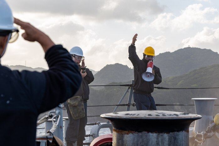 SHIMODA, Japan (May 16, 2024) Sailors assigned to the Arleigh Burke-class guided-missile destroyer USS Higgins (DDG 76) count the depth of the anchor while anchoring out in Shimoda, Japan for the 85th Black Ship Festival, May 16. The Black Ship Festival commemorates the 171st anniversary of the arrival of Commodore Matthew Perry in Japan in 1853, a historical event that marked the beginning of diplomacy and trade agreements between the U.S. and Japan. Higgins is forward-deployed and assigned to Destroyer Squadron (DESRON) 15, the Navy’s largest DESRON and the U.S. 7th Fleet’s principal surface force. (U.S. Navy photo by Mass Communication Specialist 1st Class Hannah Fry)