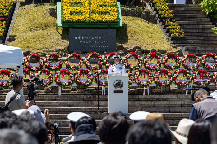 SHIMODA, Japan (May 18, 2024) Rear Adm. Carl Lahti, Commander, Navy Region
Japan/Commander, U.S. Naval Forces Japan, gives a speech during the opening ceremony of the
85th Black Ship Festival at Shimoda Park in Shimoda, Japan, May 18. The Black Ship Festival
commemorates the 171st anniversary of the arrival of Commodore Matthew Perry in Japan in
1853, a historical event that marked the beginning of diplomacy and trade agreements
between the U.S. and Japan. Higgins is forward deployed and assigned to Destroyer Squadron
(DESRON) 15, the Navy’s largest DESRON and the U.S. 7th fleet’s principal surface force. (U.S.
Navy photo by Mass Communication Specialist 1st Class Hannah Fry)