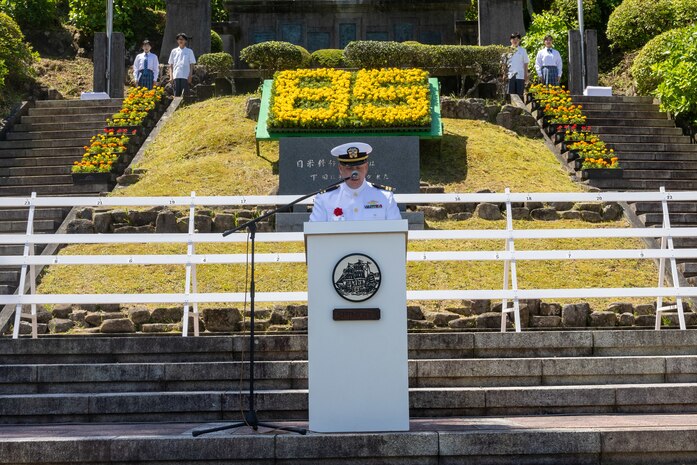 SHIMODA, Japan (May 18, 2024) Lt. Michael Sparrow, the chaplain of the Arleigh Burke-class guided-missile destroyer USS Higgins (DDG 76) leads a prayer during the opening ceremony of the 85th Black Ship Festival at Shimoda Park in Shimoda, Japan, May 18. The Black Ship Festival commemorates the 171st anniversary of the arrival of Commodore Matthew Perry in Japan in
1853, a historical event that marked the beginning of diplomacy and trade agreements between the U.S. and Japan. Higgins is forward deployed and assigned to Destroyer Squadron (DESRON) 15, the Navy’s largest DESRON and the U.S. 7th fleet’s principal surface force. (U.S. Navy photo by Mass Communication Specialist 1st Class Hannah Fry)
