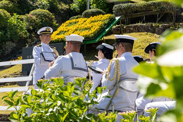 SHIMODA, Japan (May 18, 2024) Members of the U.S. 7th Fleet Navy Band and the Japan Maritime Self-Defense Force Band perform together during the opening ceremony of the 85th Black Ship Festival at Shimoda Park in Shimoda, Japan, May 18. The Black Ship Festival commemorates the 171st anniversary of the arrival of Commodore Matthew Perry in Japan in 1853, a historical event that marked the beginning of diplomacy and trade agreements between the U.S. and Japan. Higgins is forward deployed and assigned to Destroyer Squadron (DESRON) 15, the Navy’s largest DESRON and the U.S. 7th fleet’s principal surface force. (U.S. Navy photo by Mass Communication Specialist 1st Class Hannah Fry)