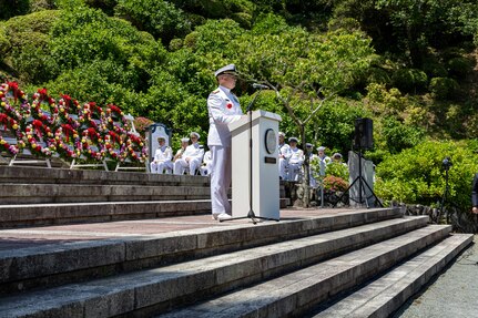 SHIMODA, Japan (May 18, 2024) Rear Adm. Carl Lahti, Commander, U.S. Naval Forces Japan/Commander, Navy Region Japan, gives a speech during the opening ceremony of the 85th Black Ship Festival at Shimoda Park in Shimoda, Japan, May 18. The Black Ship Festival commemorates the 171st anniversary of the arrival of Commodore Matthew Perry in Japan in 1853, a historical event that marked the beginning of diplomacy and trade agreements between the U.S. and Japan. Higgins is forward deployed and assigned to Destroyer Squadron (DESRON) 15, the Navy’s largest DESRON and the U.S. 7th fleet’s principal surface force. (U.S. Navy photo by Mass Communication Specialist 1st Class Hannah Fry)