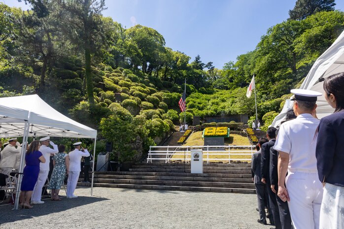 SHIMODA, Japan (May 18, 2024) Participants salute while national flags are raised during the opening ceremony of the 85th Black Ship Festival at Shimoda Park in Shimoda, Japan, May 18. The Black Ship Festival commemorates the 171st anniversary of the arrival of Commodore Matthew Perry in Japan in 1853, a historical event that marked the beginning of diplomacy and trade agreements between the U.S. and Japan. Higgins is forward deployed and assigned to Destroyer Squadron (DESRON) 15, the Navy’s largest DESRON and the U.S. 7th fleet’s principal surface force. (U.S. Navy photo by Mass Communication Specialist 1st Class Hannah Fry)