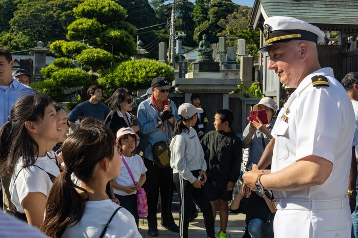 SHIMODA, Japan (May 17, 2024) Lt. Michael Sparrow, the chaplain of the Arleigh Burke-class
guided-missile destroyer USS Higgins (DDG 76) answers questions from local children at
Gyokusenji Temple in Shimoda, Japan, May 17. The 85th Black Ship Festival commemorates the
171st anniversary of the arrival of Commodore Matthew Perry in Japan in 1853, a historical
event that marked the beginning of diplomacy and trade agreements between the U.S. and
Japan. Higgins is forward deployed and assigned to Destroyer Squadron (DESRON) 15, the
Navy’s largest DESRON and the U.S. 7th fleet’s principal surface force. (U.S. Navy photo by
Mass Communication Specialist 1st Class Hannah Fry)