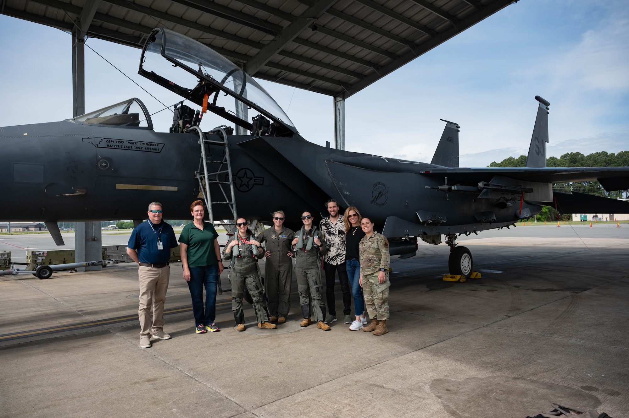 U.S. Air Force Airmen assigned to the 4th Fighter Wing and the 46th Test Squadron, Eglin Air Force Base, pose for a group photo at Seymour Johnson Air Force Base, North Carolina, April 17, 2024. The Air Force is developing in-flight bladder relief systems to improve the health and safety of female aircrew. (U.S. Air Force photo by Airman 1st Class Rebecca Sirimarco-Lang)