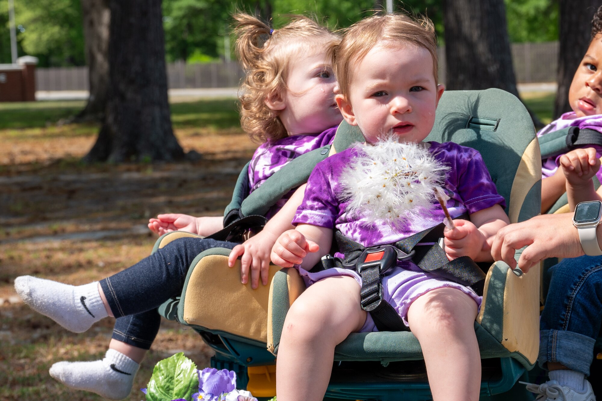 Children of the Seymour Johnson Child Development Center participate in the annual “Purple Up Parade” at Seymour Johnson Air Force Base, North Carolina, April 19, 2024. The parade recognized the resilience and strength of military children. (U.S. Air Force Photo by Airman Rebecca Tierney)