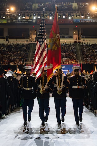 U.S. Marines with Recruiting Station Sacramento Color Guard march away after their performance during the 48th annual Chicano/Latino Commencement Celebration at California State University, Fresno, Calif., May 18, 2024. Chicanos and Latinos make up 58-percent of graduating students in the CSU system, many of them being first-generation students. (U.S. Marine Corps photo by Cpl. Bruin Largent)